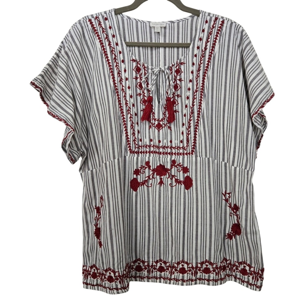 Garnet Hill Boho Embroidered Striped Peasant Top Grey Red Tassel Tie Blouse 16